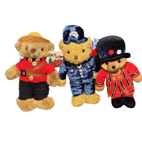 VTG Set Of 3 Plush Stuffed Bears Canadian Soldier London Keystone Simply Soft - Picture 1 of 14